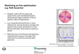 Machining on-line optimization
e.g. Path Governor

•   Despite careful off-line planning,
    experiments with standardized parts
    demonstrate higher position errors at
    specific robot configurations.

•   e.g. Coulomb stiction/friction in main
    robot joints, during direction changes the
    specific axes remain jammed for a time
    period and other axes achieve maximum
    speed.

•   Real-time error monitoring and reducing
    implemented using on-line algorithm
    referred to as real-time velocity path




                                                                                              © Image: Fraunhofer IPK
    governor.

                                                 Periodical real-time position errors picks
                                                                during milling a cone part
 