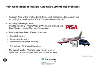 Next Generation of Flexible Assembly Systems and Processes


•    Research Area of the finalized sixth framework programme for research and
     technological development of the European Commission (EC)

•    EC Integrated Project PISA:
     Flexible Assembly Systems through Workplace-Sharing and
     Time-Sharing Human-Machine Cooperation

•    PISA integrates three different branches
    - Aircraft Industry
    - Automotive Industry
    - Household Appliances Industry

      This Includes OEM´s and Suppliers
•    The overall goal of PISA is to keep human workers
     in the loop but to support them with powerful tools
                                                                                 Source: PISA Project
 