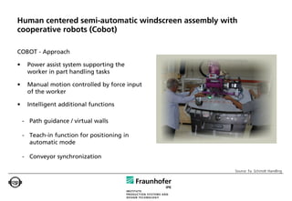 Human centered semi-automatic windscreen assembly with
cooperative robots (Cobot)

COBOT - Approach

•    Power assist system supporting the
     worker in part handling tasks

•    Manual motion controlled by force input
     of the worker

•    Intelligent additional functions

    - Path guidance / virtual walls

    - Teach-in function for positioning in
      automatic mode

    - Conveyor synchronization

                                                     Source: Fa. Schmidt Handling
 