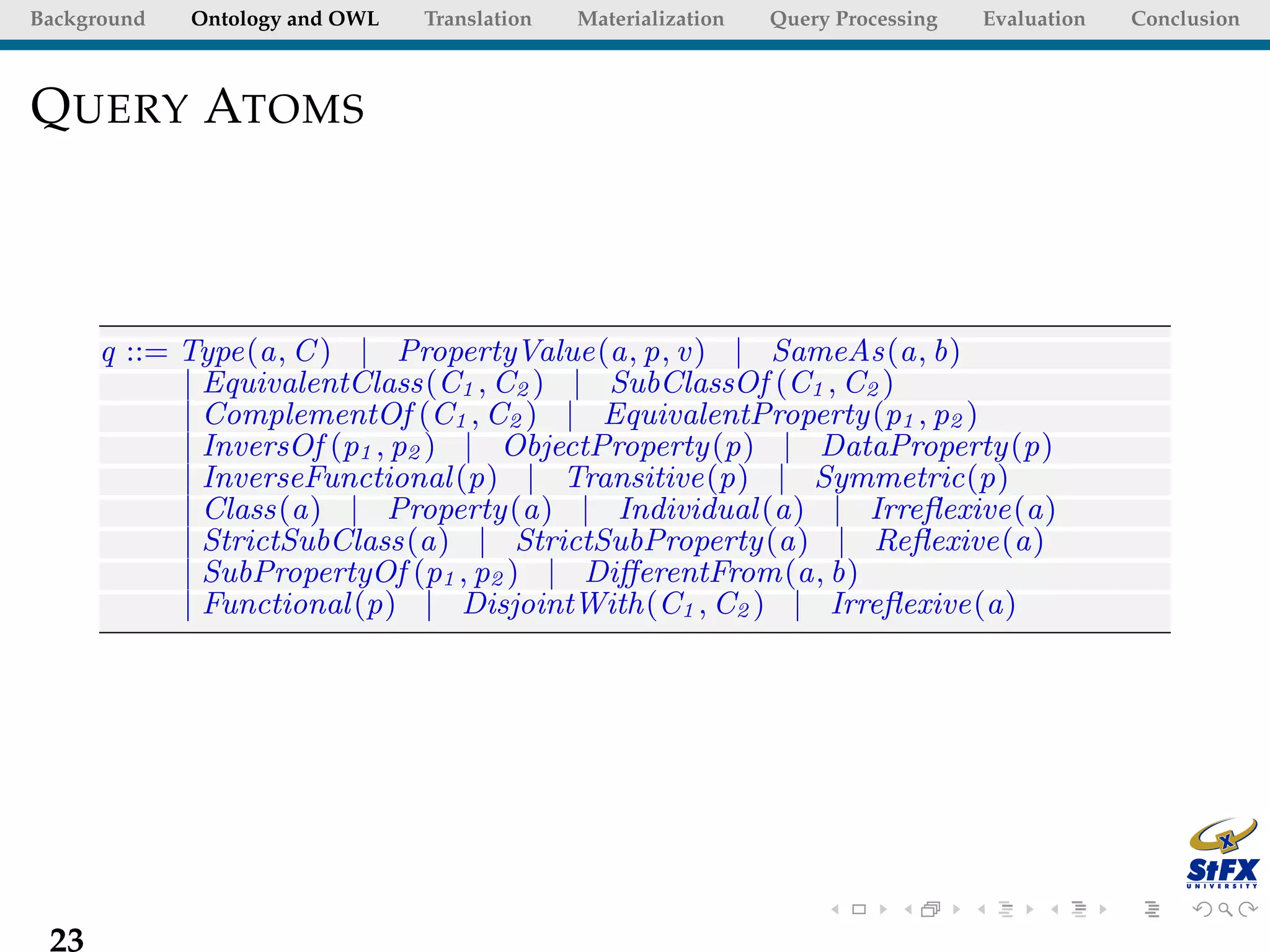 Background   Ontology and OWL   Translation   Materialization   Query Processing   Evaluation   Conclusion



Q UERY ATOMS



      q ::= Type(a, C ) | PropertyValue(a, p, v ) | SameAs(a, b)
            | EquivalentClass(C1 , C2 ) | SubClassOf (C1 , C2 )
            | ComplementOf (C1 , C2 ) | EquivalentProperty(p1 , p2 )
            | InversOf (p1 , p2 ) | ObjectProperty(p) | DataProperty(p)
            | InverseFunctional (p) | Transitive(p) | Symmetric(p)
            | Class(a) | Property(a) | Individual (a) | Irreﬂexive(a)
            | StrictSubClass(a) | StrictSubProperty(a) | Reﬂexive(a)
            | SubPropertyOf (p1 , p2 ) | DiﬀerentFrom(a, b)
            | Functional (p) | DisjointWith(C1 , C2 ) | Irreﬂexive(a)




 23
 