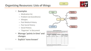 Page 15 • HL7 New Zealand
Organizing Resources: Lists of things
• Examples
– Medication list
– Problem List (Conditions)
– Allergies
– Past Medical History
– Past Social History
– Social History
– ‘Organizer’ in Document
• Manage ‘points in time’ and
changes
• Explicit ‘none known’
List
 