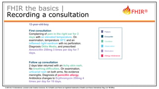 © 2015 HL7 ® International. Licensed under Creative Commons. HL7 & Health Level Seven are registered trademarks of Health Level Seven International. Reg. U.S. TM Office.
FHIR®
FHIR the basics |
Recording a consultation
12-year-old-boy
First consultation
Complaining of pain in the right ear for 3
days with an elevated temperature. On
examination, temperature 38°C and an
inflamed right eardrum with no perforation.
Diagnosis Otitis Media, and prescribed
Amoxicillin 250mg 3 times per day for 7
days.
Follow up consultation
2 days later returned with an itchy skin rash.
No breathing difficulties. On examination,
urticarial rash on both arms. No evidence
meningitis. Diagnosis of penicillin allergy.
Antibiotics changes to Erythromycin 250mg 4
times per day for 10 days.
Patient
Encounter
Condition
Observation
Medication
Allergy Intolerance
 