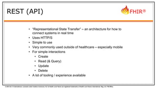 © 2015 HL7 ® International. Licensed under Creative Commons. HL7 & Health Level Seven are registered trademarks of Health Level Seven International. Reg. U.S. TM Office.
FHIR®
REST (API)
• “Representational State Transfer” – an architecture for how to
connect systems in real time
• Uses HTTP/S
• Simple to use
• Very commonly used outside of healthcare – especially mobile
• For simple interactions
• Create
• Read (& Query)
• Update
• Delete
• A lot of tooling / experience available
 
