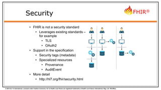 © 2015 HL7 ® International. Licensed under Creative Commons. HL7 & Health Level Seven are registered trademarks of Health Level Seven International. Reg. U.S. TM Office.
FHIR®
Security
• FHIR is not a security standard
• Leverages existing standards –
for example
• TLS
• OAuth2
• Support in the specification
• Security tags (metadata)
• Specialized resources
• Provenance
• AuditEvent
• More detail
• http://hl7.org/fhir/security.html
 