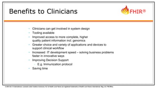 © 2015 HL7 ® International. Licensed under Creative Commons. HL7 & Health Level Seven are registered trademarks of Health Level Seven International. Reg. U.S. TM Office.
FHIR®
Benefits to Clinicians
• Clinicians can get involved in system design
• Tooling available
• Improved access to more complete, higher
quality patient information incl. genomics
• Greater choice and variety of applications and devices to
support clinical workflow
• Increased IT development speed – solving business problems
faster in innovative ways
• Improving Decision Support
- E.g. Immunization protocol
• Saving time
 