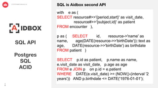 1
8
SQL API
Postgres
SQL
ACID
SQL is Aidbox second API
with e as (
SELECT resource#>>'{period,start}' as visit_date,
resource#>>'{subject,id}' as patient
FROM encounter ),
p as ( SELECT id, resource->'name' as
name, age(DATE(resource->>'birthDate'))::text as
age, DATE(resource->>'birthDate') as birthdate
FROM patient )
SELECT p.id as patient, p.name as name,
e.visit_date as visit_date, p.age as age
FROM e JOIN p on p.id = e.patient
WHERE DATE(e.visit_date) >= (NOW()-(interval '2
years')) AND p.birthdate <= DATE('1976-01-01');
 
