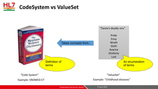 CodeSystem vs ValueSet
5-June-2021
Presentation by Kumar Satyam
“Code System”
“Dante’s deadly sins”
Pride
Envy
Wrath
Sloth
Avarice
Gluttony
Lust
“ValueSet”
Takes concepts from…
An enumeration
of terms
Definition of
terms
Example: SNOMED-CT Example: “Childhood diseases”
 