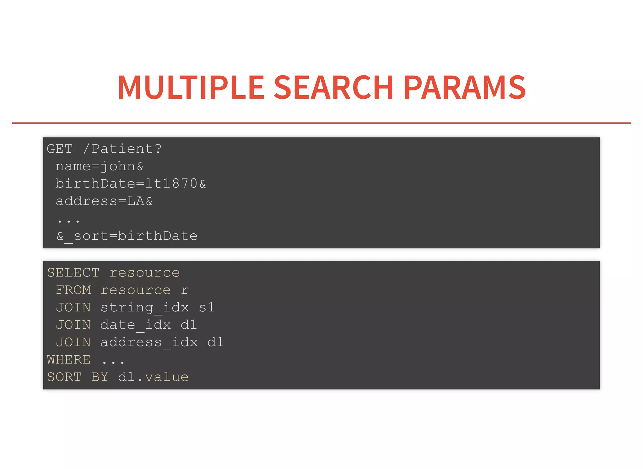 6/6/2019 fhir db
https://niquola.github.io/fhir-devdays-2019-slides/?print-pdf#/ 19/41
MULTIPLE SEARCH PARAMSMULTIPLE SEARCH PARAMS
GET /Patient?
name=john&
birthDate=lt1870&
address=LA&
...
&_sort=birthDate
SELECT resource
FROM resource r
JOIN string_idx s1
JOIN date_idx d1
JOIN address_idx d1
WHERE ...
SORT BY d1.value
 