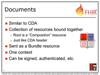 © 2016 HL7 ® Int’l. Licensed under Creative Commons. HL7, Health Level Seven, FHIR & flame logo are registered trademarks of Health Level Seven International. Reg. U.S. TM Office.
®
Documents
 Similar to CDA
 Collection of resources bound together
 Root is a “Composition” resource
 Just like CDA header
 Sent as a Bundle resource
 One context
 Can be signed, authenticated, etc.
13
Documents
 