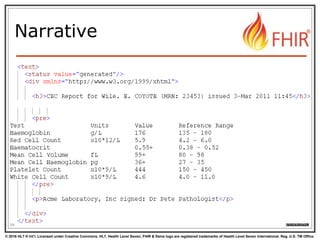 © 2016 HL7 ® Int’l. Licensed under Creative Commons. HL7, Health Level Seven, FHIR & flame logo are registered trademarks of Health Level Seven International. Reg. U.S. TM Office.
®
Narrative
39
 
