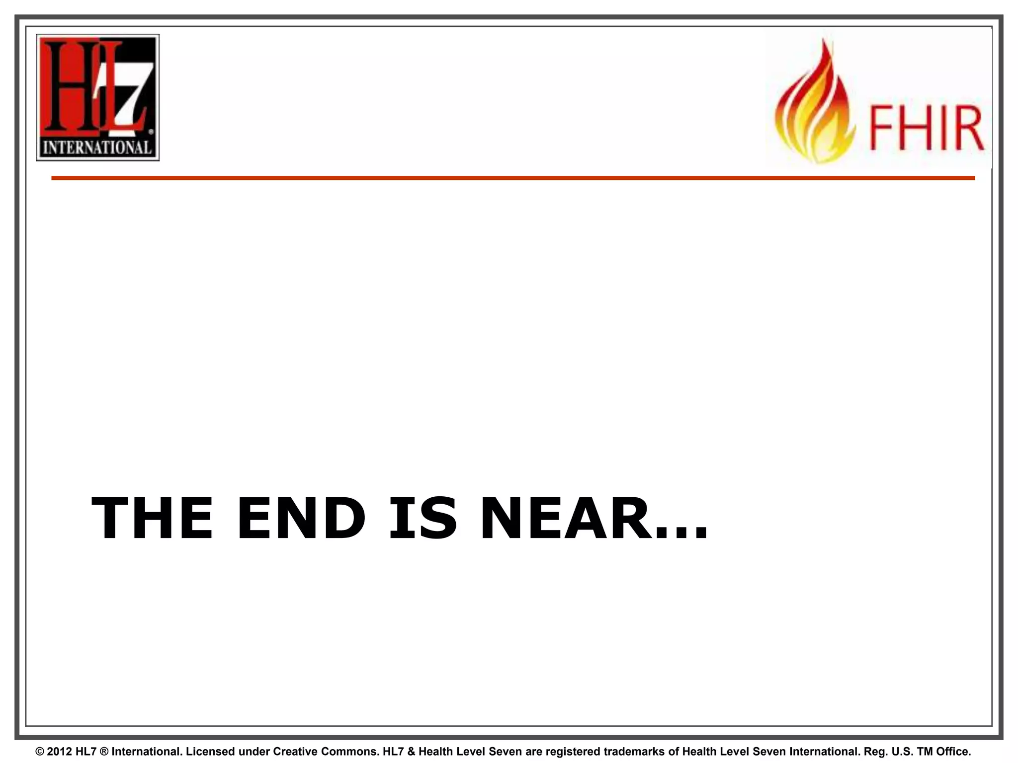 Batch: needs transactions
Transaction
The transaction interaction submits a set of resources to
be updated, created or deleted on the server. This
interaction allows multiple resources to be updated/created
in a single transaction. The interaction is performed by an
HTTP POST command as shown:
POST [service-url] (?_format=mimeType)

The content of the post submission is a resource bundle.
127
© 2012 HL7 ® International. Licensed under Creative Commons. HL7 & Health Level Seven are registered trademarks of Health Level Seven International. Reg. U.S. TM Office.

 