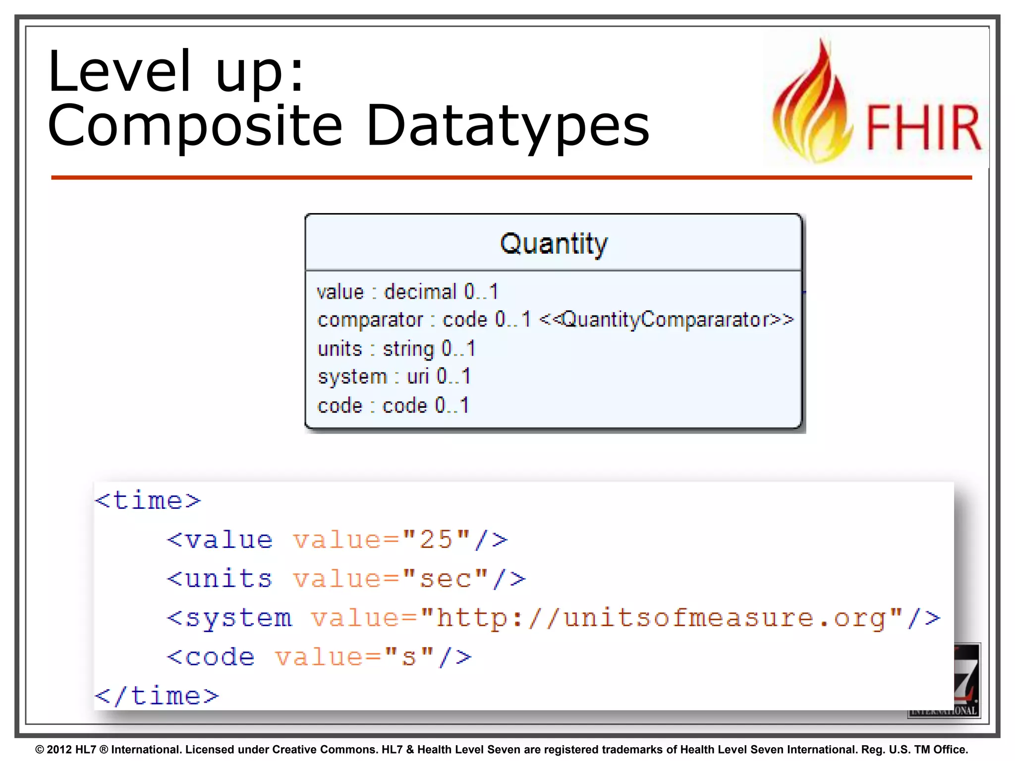 Level up:
Composite Datatypes

© 2012 HL7 ® International. Licensed under Creative Commons. HL7 & Health Level Seven are registered trademarks of Health Level Seven International. Reg. U.S. TM Office.

 