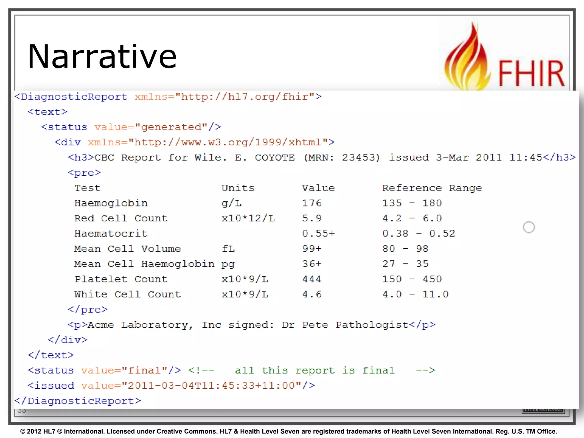 Extending a name
Key = location of formal definition

Value = value according to definition

33
© 2012 HL7 ® International. Licensed under Creative Commons. HL7 & Health Level Seven are registered trademarks of Health Level Seven International. Reg. U.S. TM Office.

 