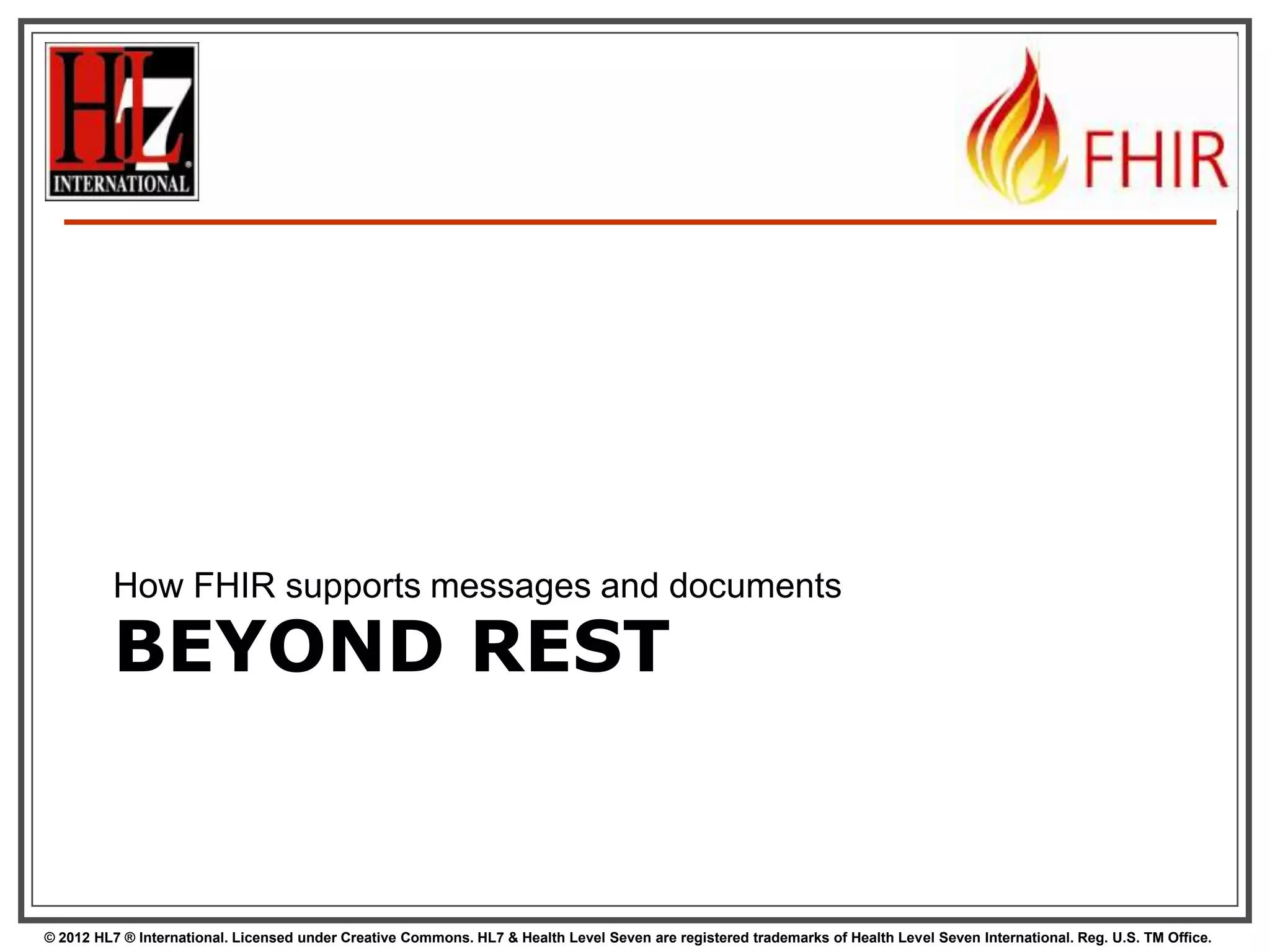 More optimalizations


Say we do:







http://fhir.com/fhir/Observation?date=2014-01-20
We get back: a Bundle with 0..* “Observations”

Now, usually, wouldn‟t we want the Patient
information too? => Need to do “N” queries
for the Observation‟s “subject”
Quicker:
?_include=Observation.subject
Returns both Observations + Patients

89
© 2012 HL7 ® International. Licensed under Creative Commons. HL7 & Health Level Seven are registered trademarks of Health Level Seven International. Reg. U.S. TM Office.

 
