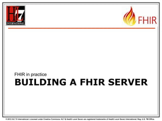 Sending messages



Again, REST not necessary, but…
There is an explicit REST endpoint:





http://server.org/fhir/Mailbox

No storage implied. Might be a router,
converted to v2, etc. etc.
The server can process them based on the
event code and return the response as
another message (again a bundle).

104
© 2012 HL7 ® International. Licensed under Creative Commons. HL7 & Health Level Seven are registered trademarks of Health Level Seven International. Reg. U.S. TM Office.

 