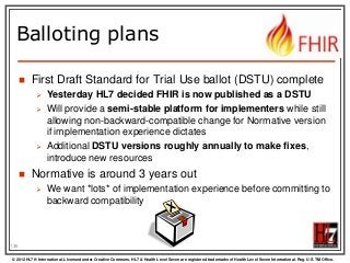 Balloting plans


First Draft Standard for Trial Use ballot (DSTU) complete







Yesterday HL7 decided FHIR is now published as a DSTU
Will provide a semi-stable platform for implementers while still
allowing non-backward-compatible change for Normative version
if implementation experience dictates
Additional DSTU versions roughly annually to make fixes,
introduce new resources

Normative is around 3 years out


We want *lots* of implementation experience before committing to
backward compatibility

136
© 2012 HL7 ® International. Licensed under Creative Commons. HL7 & Health Level Seven are registered trademarks of Health Level Seven International. Reg. U.S. TM Office.

 