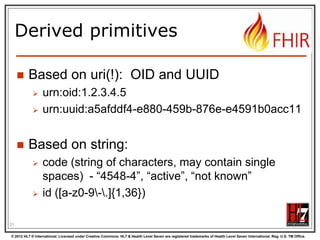 Derived primitives


Using the ISO date/time with timezone




“1951”, “1951-06” and “1951-06-04”
“1951-06-04T10:57:34.0321+01”
“1951-06-04T10:57:34.0321Z”

21
© 2012 HL7 ® International. Licensed under Creative Commons. HL7 & Health Level Seven are registered trademarks of Health Level Seven International. Reg. U.S. TM Office.

 