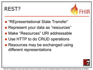 How FHIR uses RESTful principles to communicate Resources

REST SERVICE INTERFACE

© 2012 HL7 ® International. Licensed under Creative Commons. HL7 & Health Level Seven are registered trademarks of Health Level Seven International. Reg. U.S. TM Office.

 