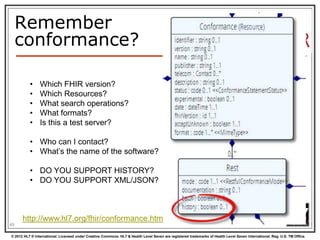 REST “representations”
GET /fhir/Patient/1?_format=json HTTP/1.1
HTTP/1.1 200 OK
Content-Type: application/json+fhir;charset=utf-8
Content-Length: 787

GET /fhir/Patient/1 HTTP/1.1

Accept: application/json+fhir
HTTP/1.1 200 OK
Content-Type: application/json+fhir;charset=utf-8
Content-Length: 787
49
© 2012 HL7 ® International. Licensed under Creative Commons. HL7 & Health Level Seven are registered trademarks of Health Level Seven International. Reg. U.S. TM Office.

 