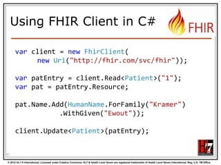Version history deletions
/server.org/fhir/Patient/33/_history/12

33, v12 – 2012-12-04

/server.org/fhir/Patient/33/_history/13

33, v13 – 2012-12-05

33, v14 – 2012-12-08
33, v15 – 2012-12-09
33, v16

/server.org/fhir/Patient/33/_history/14
/server.org/fhir/Patient/33/_history/15

– 2012-12-10

/server.org/fhir/Patient/33/_history/16

DELETION

/server.org/fhir/Patient/33
61
© 2012 HL7 ® International. Licensed under Creative Commons. HL7 & Health Level Seven are registered trademarks of Health Level Seven International. Reg. U.S. TM Office.

 