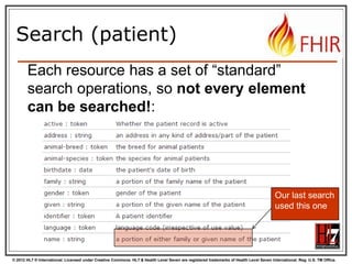 Getting “all” patients


http://server.org/fhir/Patient



Always returns a paged feed



Use _count to indicate number of results per page



Special case of the “real” search operation:
http://server.org/fhir/Patient/search?name=eve

© 2012 HL7 ® International. Licensed under Creative Commons. HL7 & Health Level Seven are registered trademarks of Health Level Seven International. Reg. U.S. TM Office.

 