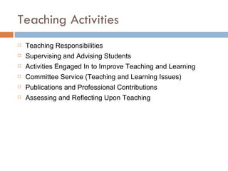 Teaching Activities Teaching Responsibilities Supervising and Advising Students Activities Engaged In to Improve Teaching and Learning Committee Service (Teaching and Learning Issues) Publications and Professional Contributions Assessing and Reflecting Upon Teaching 