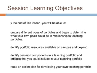 Session Learning Objectives By the end of this lesson, you will be able to: Compare different types of portfolios and begin to determine what your own goals could be in relationship to teaching portfolios. Identify portfolio resources available on campus and beyond. Identify common components in a teaching portfolio and artifacts that you could include in your teaching portfolio Create an action plan for developing your own teaching portfolio 