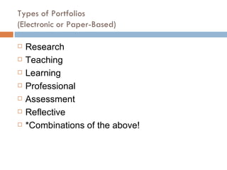Types of Portfolios  (Electronic or Paper-Based) Research Teaching Learning Professional Assessment Reflective *Combinations of the above! 