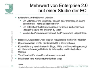 Mehrwert von Enterprise 2.0 laut einer Studie der EC  Quelle Europäische Commission. http://enterprise20eu.files.wordpress.com/2010/12/d4final.pdf Enterprise 2.0 bezeichnet Dienste, um Mitarbeiter mit Expertise, Wissen oder Interesse in einem bestimmten Thema zu identifizieren um nützliche Inhalte/Informationen zu finden, zu bezeichnen („taggen“) sowie mit anderen zu teilen welche die Zusammenarbeit und die Projektarbeit unterstützen Bessere „Awareness“, wer was tut reduziert die Fehler in Projekten Open Innovation erhöht die Kreatitivität in Unternehmen Konsolidierung von Inhalten in Blogs, Wikis und Storytelling erzeugt ein Unternehmensgedächtnis für informelles und individuelles Wissen Time2market für neue Produkte wird reduziert Mitarbeiter- und Kundenzufriedenheit steigt 