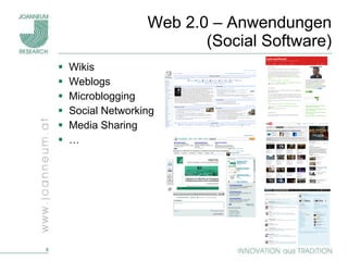 Web 2.0 – Anwendungen (Social Software) Wikis Weblogs Microblogging Social Networking Media Sharing … 