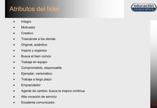 Atributos del líder
    Integro
    Motivador
    Creativo
    Trasciende a los demás
    Original, auténtico
    Inspira y organiza
    Busca el bien común
    Trabaja en equipo
    Comprometido, responsable
    Ejemplar, carismático
    Trabaja a largo plazo
    Emprendedor
    Agente de cambio: busca la mejora continua
    Alta vocación de servicio
    Excelente comunicador.
                                                 11
 