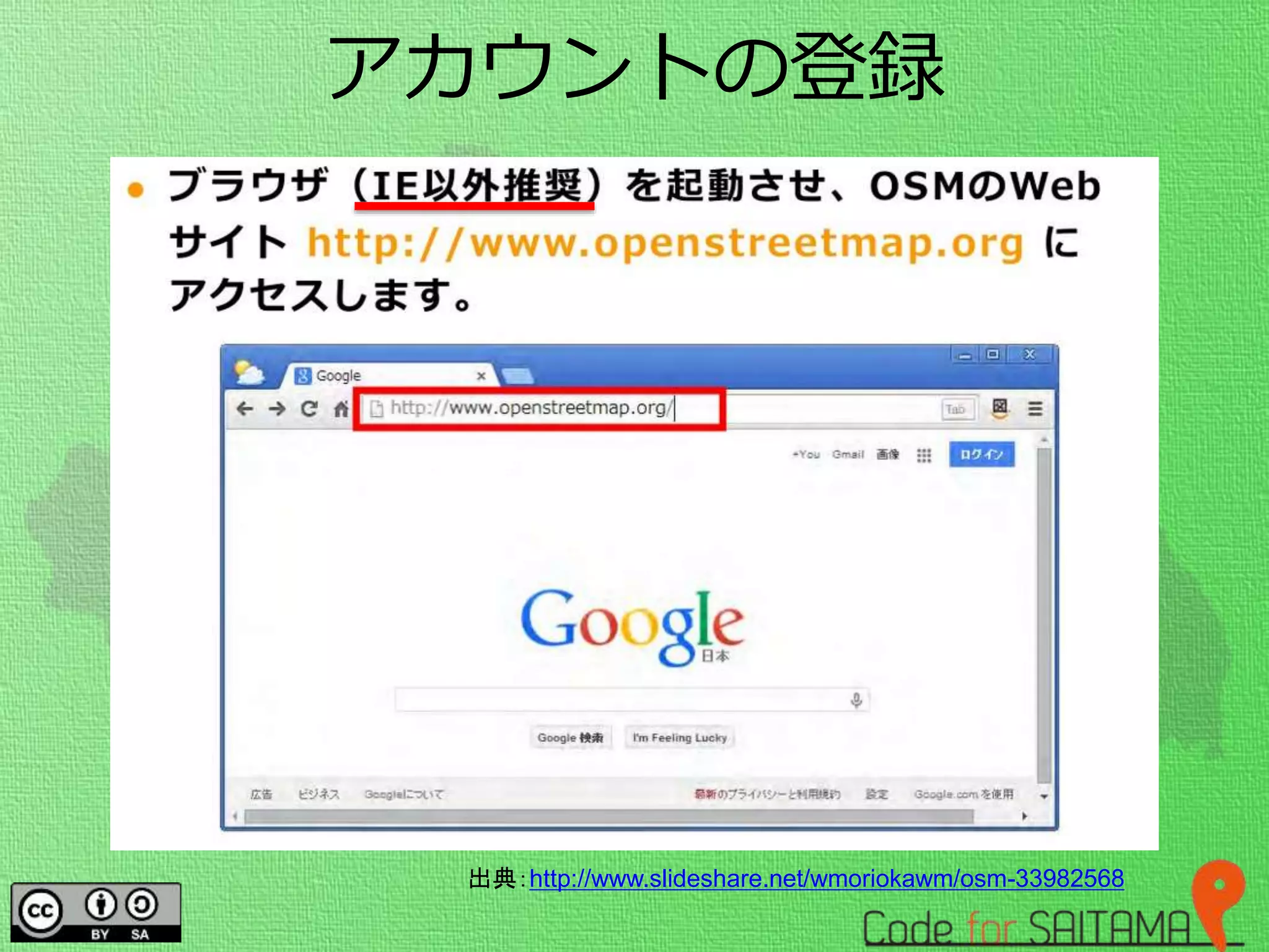 アカウントの登録
出典：http://www.slideshare.net/wmoriokawm/osm-33982568
 