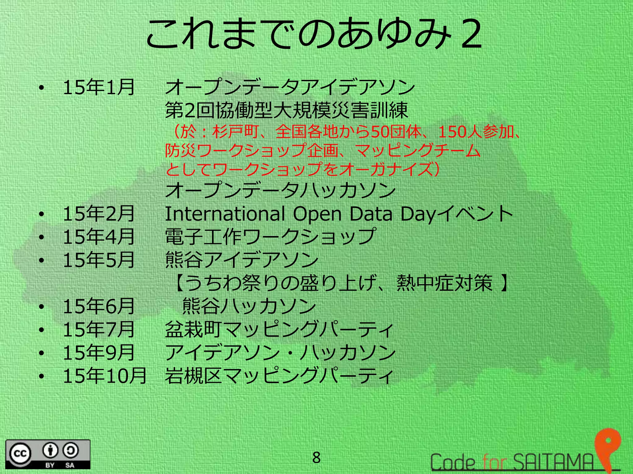 これまでのあゆみ２
• 15年1月 オープンデータアイデアソン
第2回協働型大規模災害訓練
（於：杉戸町、全国各地から50団体、150人参加、
防災ワークショップ企画、マッピングチーム
としてワークショップをオーガナイズ）
オープンデータハッカソン
• 15年2月 International Open Data Dayイベント
• 15年4月 電子工作ワークショップ
• 15年5月 熊谷アイデアソン
【うちわ祭りの盛り上げ、熱中症対策 】
• 15年6月 熊谷ハッカソン
• 15年7月 盆栽町マッピングパーティ
• 15年9月 アイデアソン・ハッカソン
• 15年10月 岩槻区マッピングパーティ
8
 