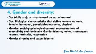 FAMILY HEALTH
OPTIONS KENYA
Your Health, Our Concern
FAMILY HEALTH
OPTIONS KENYA
Your Health, Our Concern AFRICA REGIONAL OFFICE
Your Health, Our Concern
• Sex (daily use): activity focused on sexual arousal
• Sex: Biological characteristics that define humans as male,
female: hormonal, genetic/chromosomes, physical
• Gender: social-psychological-cultural representations of
masculinity and femininity. Gender identity, -roles, -stereotypes,
-norms, -attitudes, -expression
• Gender diversity and sexual identity
4. Gender and diversity:
 