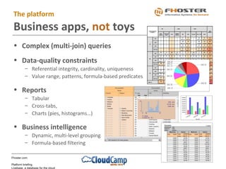 Fhoster.com
Platform briefing
Livebase, a database for the cloud
The platform
Business apps, not toys
• Complex (multi-join) queries
• Data-quality constraints
– Referential integrity, cardinality, uniqueness
– Value range, patterns, formula-based predicates
• Reports
– Tabular
– Cross-tabs,
– Charts (pies, histograms…)
• Business intelligence
– Dynamic, multi-level grouping
– Formula-based filtering
 