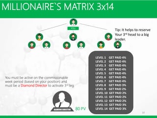MILLIONAIRE`S MATRIX 3x14
10
YOU
You must be active on the commissionable
week period (based on your position) and
must be a Diamond Director to activate 3rd leg.
LEVEL 1 GET PAID 4%
LEVEL 2 GET PAID 4%
LEVEL 3 GET PAID 4%
LEVEL 4 GET PAID 4%
LEVEL 5 GET PAID 4%
LEVEL 6 GET PAID 4%
LEVEL 7 GET PAID 4%
LEVEL 8 GET PAID 3%
LEVEL 9 GET PAID 2%
LEVEL 10 GET PAID 2%
LEVEL 11 GET PAID 2%
LEVEL 12 GET PAID 2%
LEVEL 13 GET PAID 3%
LEVEL 14 GET PAID 3%80 PV
Tip: It helps to reserve
Your 3rd head to a big
leader.
 