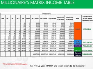 11
3x14 MATRIX
MILLIONAIRE’S MATRIX INCOME TABLE
*DYNAMIC COMPRESSION applies
Tip: “Fill up your MATRIX and teach others to do the same
 