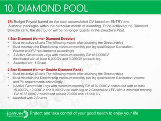 22
3% Budget Payout based on the total accumulated CV based on ENTRY and
Autoship packages within the particular month of awarding. Once achieved the Diamond
Director rank, the distributor will be no longer qualify in the Director’s Pool.
1 Star Diamond (former Diamond Director)
• Must be active (Starts The following month after attaining the Directorship)
• Must maintain the Directorship minimum monthly per leg qualification Generation
Volume and PV requirements accordingly
• 2 Active Generation Legs with minimum monthly GV of 9,000GV
distributed with at least 6,000GV and 3,000GV on each leg.
• Awarded with 1 Share
2 Star Diamond (former Double Diamond Rank)
• Must be active (Starts The following month after attaining the Directorship)
• Must maintain the Directorship minimum monthly per leg qualification Generation Volume
and PV requirements accordingly
• 3 Active Generation Legs with minimum monthly GV of 30,000GV distributed with at least
15,000GV, 10,000GV and 5,000GV on each leg or 2 Generation LEG with a minimun monthly
GV of 35,000GV distributed atleast 20,000 and 15,000 GV.
• Awarded with 2 Shares
10. DIAMOND POOL
Protect and take control of your good health to enjoy your life
 