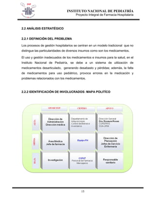 INSTITUTO NACIONAL DE PEDIATRÍA 
Proyecto Integral de Farmacia Hospitalaria 
15 
2.2 ANÁLISIS ESTRATÉGICO 
2.2.1 DEFINICIÓN DEL PROBLEMA 
Los procesos de gestión hospitalarios se centran en un modelo tradicional que no distingue las particularidades de diversos insumos como son los medicamentos. 
El uso y gestión inadecuados de los medicamentos e insumos para la salud, en el Instituto Nacional de Pediatría, se debe a un sistema de utilización de medicamentos desarticulado, generando desabasto y pérdidas; además, la falta de medicamentos para uso pediátrico, provoca errores en la medicación y problemas relacionados con los medicamentos. 
2.2.2 IDENTIFICACIÓN DE INVOLUCRADOS: MAPA POLITÍCO 
 