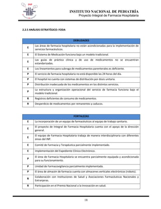 INSTITUTO NACIONAL DE PEDIATRÍA 
Proyecto Integral de Farmacia Hospitalaria 
18 
2.2.5 ANÁLISIS ESTRATÉGICO: FODA 
DEBILIDADES 
E 
Las áreas de farmacia hospitalaria no están acondicionadas para la implementación de servicios farmacéuticos. 
E 
El Sistema de Medicación funciona bajo un modelo tradicional. 
E 
Las guías de práctica clínica y de uso de medicamentos no se encuentran estandarizadas. 
E 
Los lineamientos para subroga de medicamentos parenterales es deficiente. 
P 
El servicio de farmacia hospitalaria no está disponible las 24 horas del día. 
P 
El hospital no cuenta con sistemas de distribución por dosis unitaria. 
P 
Distribución inadecuada de los medicamentos en los distintos servicios. 
P 
La estructura y organización operacional del servicio de farmacia funciona bajo el modelo tradicional. 
R 
Registros deficientes de consumo de medicamentos. 
R 
Desperdicio de medicamentos por remanentes y caducos. 
FORTALEZAS 
E 
La incorporación de un equipo de farmacéuticos al equipo de trabajo sanitario. 
E 
El proyecto de Integral de Farmacia Hospitalaria cuenta con el apoyo de la dirección general. 
E 
El equipo de Farmacia Hospitalaria trabaja de manera interdisciplinaria con diferentes áreas del INP. 
E 
Comité de Farmacia y Terapéutica parcialmente implementado. 
E 
Implementación del Expediente Clínico Electrónico. 
P 
El área de Farmacia Hospitalaria se encuentra parcialmente equipada y acondicionada para su funcionamiento. 
P 
Unidad de Farmacovigilancia parcialmente implementada. 
P 
El área de almacén de farmacia cuenta con almacenes verticales electrónicos (robots). 
R 
Colaboración con Instituciones de Salud y Asociaciones Farmacéuticas Nacionales y Extranjeras. 
R 
Participación en el Premio Nacional a la Innovación en salud.  