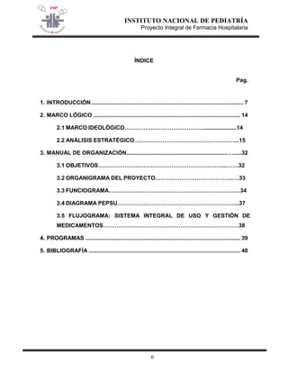INSTITUTO NACIONAL DE PEDIATRÍA 
Proyecto Integral de Farmacia Hospitalaria 
6 
ÍNDICE 
Pag. 
1. INTRODUCCIÓN ................................................................................................ 7 
2. MARCO LÓGICO ............................................................................................. 14 
2.1 MARCO IDEOLÓGICO…………………………………….....................14 
2.2 ANÁLISIS ESTRATÉGICO………………………………………………..15 
3. MANUAL DE ORGANIZACIÓN ................................................................ ….....32 
3.1 OBJETIVOS…………………………………………………………..…….32 
3.2 ORGANIGRAMA DEL PROYECTO…………………………………..….33 
3.3 FUNCIOGRAMA…………………………………………………………….34 
3.4 DIAGRAMA PEPSU………………………………………………………..37 
3.5 FLUJOGRAMA: SISTEMA INTEGRAL DE USO Y GESTIÓN DE MEDICAMENTOS………………………………………………………………38 
4. PROGRAMAS .................................................................................................. 39 
5. BIBLIOGRAFÍA ................................................................................................ 40 
 
