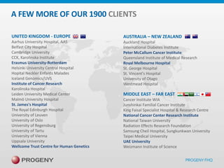 A FEW MORE OF OUR 1900 CLIENTS
UNITED KINGDOM - EUROPE

AUSTRALIA – NEW ZEALAND

Aarhus University Hospital, AAS
Belfast City Hospital
Cambridge University
CCK, Karolinska Institute
Erasmus University-Rotterdam
Helsinki University Central Hospital
Hopital Neckler Enfants Malades
Iceland Genomics/UVS
Institute of Cancer Research
Karolinska Hospital
Leiden University Medical Center
Malmö University Hospital
St. James's Hospital
The Royal Edinburgh Hospital
University of Leuven
University of Oslo
University of Regensburg
University of Tartu
University of Vienna
Uppsala University
Wellcome Trust Centre for Human Genetics

Auckland Hospital
International Diabetes Institute
Peter McCallum Cancer Institute
Queensland Institute of Medical Research
Royal Melbourne Hospital
St. George Hospital
St. Vincent's Hospital
University of Otago
Westmead Hospital

MIDDLE EAST – FAR EAST
Cancer Institute WIA
Junshinkai Familial Cancer Institute
King Faisal Specialist Hospital & Research Centre
National Cancer Center Research Institute
National Taiwan University
Radiation Effects Research Foundation
Samsung Cheil Hospital, Sungkunkwan University
Taipei Medical University
UAE University
Weizmann Institute of Science

 