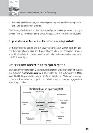 Aktuelle Textausgabe des ArbVG im ÖGB-Verlag




xx Prozesse der Information, der Meinungsbildung und der Mitwirkung organi-
   siert und durchgeführt werden.
Der Führungskraft fällt es zu, für all diese Aufgaben ein kompetentes und enga-
giertes Team zu formen und eine umsetzungsstarke Organisation aufzubauen.


Organisatorische Merkmale der Betriebsratskörperschaft

BR-Körperschaften zählen wie die Gewerkschaften zum weiten Feld der Non-
profit-Organisationen. Das sind Organisationen, die - wie der Name es sagt –
keine Gewinnabsichten haben, sondern politische, karitative, soziale oder kultu-
relle Ziele verfolgen.


Der Betriebsrat arbeitet in einem Spannungsfeld
Eines der hervorstechenden Merkmale von Nonprofit-Organisationen ist es, dass
ihre Arbeit in einem Spannungsfeld stattfindet. Das gilt in besonderem Maße
auch für BR-Körperschaften, die an der Schnittstelle von Wirtschafts- und Ar-
beitnehmerInneninteressen operieren und oft massive Interessensgegensätze
auszutragen haben.

                            Der Betriebsrat im Spannungsfeld
               Konzernpolitik             Globalisierung

                                                                               Arbeiterkammer



                                                                                     Gewerkschaft
              Wirtschaft                  BR-Vorsitzende/r     ArbeitgeberIn           betreuende/r
                                                                                        SekretärIn
                Märkte
                                            Betriebsrat
                                                                  Führungs-
                                                                  kräfte               Politik
                                               Mitglieder

               Branchen-                           Beschäftigte
                                                                                       Recht
              entwicklung

                                                                               Öffentlichkeit
                         Technologische                                           Medien
                          Entwicklung
                                                             Standort-
                                                             gemeinde




                                                                                                      13
 