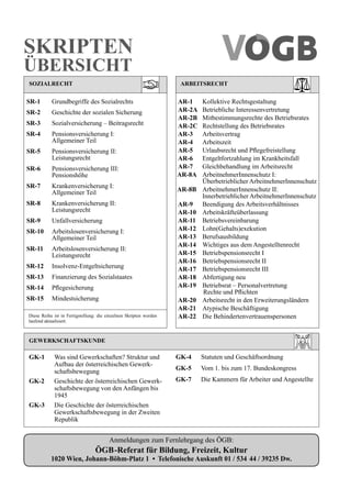 SKRIPTEN
ÜBERSICHT
SozIAlRECHT                                                                  ARBEITSRECHT


SR-1	        Grundbegriffe	des	Sozialrechts                                 AR-1     Kollektive Rechtsgestaltung
SR-2	        Geschichte	der	sozialen	Sicherung                              AR-2A    Betriebliche Interessenvertretung
                                                                            AR-2B    Mitbestimmungsrechte des Betriebsrates
SR-3	        Sozialversicherung	–	Beitragsrecht                             AR-2C    Rechtstellung des Betriebsrates
SR-4         Pensionsversicherung I:                                        AR-3     Arbeitsvertrag
             Allgemeiner Teil                                               AR-4     Arbeitszeit
SR-5         Pensionsversicherung II:                                       AR-5	    Urlaubsrecht	und	Pflegefreistellung
             Leistungsrecht                                                 AR-6	    Entgeltfortzahlung	im	Krankheitsfall
SR-6         Pensionsversicherung III:                                      AR-7     Gleichbehandlung im Arbeitsrecht
             Pensionshöhe                                                   AR-8A    ArbeitnehmerInnenschutz I:
                                                                                     Überbetrieblicher ArbeitnehmerInnenschutz
SR-7         Krankenversicherung I:
             Allgemeiner Teil                                               AR-8B    ArbeitnehmerInnenschutz II:
                                                                                     Innerbetrieblicher ArbeitnehmerInnenschutz
SR-8         Krankenversicherung II:                                        AR-9     Beendigung des Arbeitsverhältnisses
             Leistungsrecht                                                 AR-10	   Arbeitskräfteüberlassung
SR-9	        Unfallversicherung                                             AR-11    Betriebsvereinbarung
SR-10        Arbeitslosenversicherung I:                                    AR-12    Lohn(Gehalts)exekution
             Allgemeiner Teil                                               AR-13	   Berufsausbildung
                                                                            AR-14    Wichtiges aus dem Angestelltenrecht
SR-11        Arbeitslosenversicherung II:
             Leistungsrecht                                                 AR-15    Betriebspensionsrecht I
                                                                            AR-16    Betriebspensionsrecht II
SR-12        Insolvenz-Entgeltsicherung                                     AR-17    Betriebspensionsrecht III
SR-13	       Finanzierung	des	Sozialstaates                                 AR-18	   Abfertigung	neu
SR-14	       Pflegesicherung                                                AR-19    Betriebsrat – Personalvertretung
                                                                                     Rechte	und	Pflichten
SR-15        Mindestsicherung                                               AR-20    Arbeitsrecht in den Erweiterungsländern
                                                                            AR-21	   Atypische	Beschäftigung
Diese	 Reihe	 ist	 in	 Fertigstellung:	 die	 einzelnen	 Skripten	 werden	   AR-22    Die Behindertenvertrauenspersonen
laufend	aktualisiert.



GEwERKSCHAfTSKuNdE

GK-1	         Was	sind	Gewerkschaften?	Struktur	und	                        GK-4	    Statuten	und	Geschäftsordnung
              Aufbau	der	österreichischen	Gewerk-
              schaftsbewegung                                               GK-5	    Vom	1.	bis	zum	17.	Bundeskongress
GK-2          Geschichte der österreichischen Gewerk-                       GK-7	    Die	Kammern	für	Arbeiter	und	Ange	 tellte
                                                                                                                      s
              schaftsbewegung	von	den	Anfängen	bis	
              1945
GK-3          Die Geschichte der österreichischen
              Gewerkschaftsbewegung	in	der	Zweiten	
              Republik


                                             Anmeldungen zum Fernlehrgang des ÖGB:
                                     ÖGB-Referat für Bildung, freizeit, Kultur
            1020 Wien, Johann-Böhm-Platz 1 • Telefonische Auskunft 01 / 534 44 / 39235 Dw.
 
