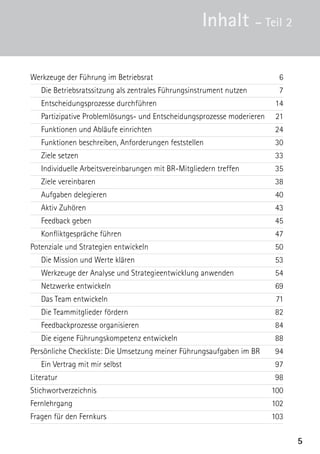 Inhalt – Teil 2

Werkzeuge der Führung im Betriebsrat                                      6
	   Die Betriebsratssitzung als zentrales Führungsinstrument nutzen       7
	   Entscheidungsprozesse durchführen                                    14
	   Partizipative Problemlösungs- und Entscheidungsprozesse moderieren    21
	   Funktionen und Abläufe einrichten                                    24
	   Funktionen beschreiben, Anforderungen feststellen                    30
	   Ziele setzen                                                         33
	   Individuelle Arbeitsvereinbarungen mit BR-Mitgliedern treffen        35
	   Ziele vereinbaren                                                    38
	   Aufgaben delegieren                                                  40
	   Aktiv Zuhören                                                        43
	   Feedback geben                                                       45
	   Konfliktgespräche führen                                             47
Potenziale und Strategien entwickeln                                     50
	   Die Mission und Werte klären                                         53
	   Werkzeuge der Analyse und Strategieentwicklung anwenden              54
	   Netzwerke entwickeln                                                 69
	   Das Team entwickeln                                                   71
	   Die Teammitglieder fördern                                           82
	   Feedbackprozesse organisieren                                        84
	   Die eigene Führungskompetenz entwickeln                              88
Persönliche Checkliste: Die Umsetzung meiner Führungsaufgaben im BR      94
	   Ein Vertrag mit mir selbst                                           97
Literatur98
Stichwortverzeichnis100
Fernlehrgang102
Fragen für den Fernkurs                                                  103

                                                                                5
 