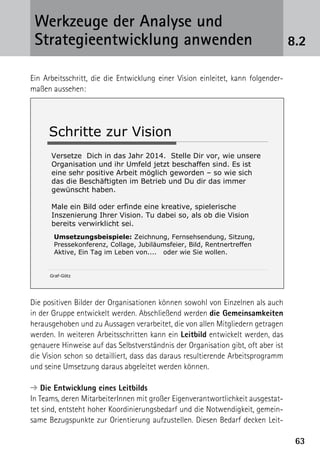 Werkzeuge der Analyse und
 ­Strategieentwicklung anwenden                                                   8.2

Ein Arbeitsschritt, die die Entwicklung einer Vision einleitet, kann folgender­
maßen aussehen:




     Schritte zur Vision
      Versetze Dich in das Jahr 2014. Stelle Dir vor, wie unsere
      Organisation und ihr Umfeld jetzt beschaffen sind. Es ist
      eine sehr positive Arbeit möglich geworden – so wie sich
      das die Beschäftigten im Betrieb und Du dir das immer
      gewünscht haben.

      Male ein Bild oder erfinde eine kreative, spielerische
      Inszenierung Ihrer Vision. Tu dabei so, als ob die Vision
      bereits verwirklicht sei.
       Umsetzungsbeispiele: Zeichnung, Fernsehsendung, Sitzung,
       Pressekonferenz, Collage, Jubiläumsfeier, Bild, Rentnertreffen
       Aktive, Ein Tag im Leben von.... oder wie Sie wollen.


      Graf-Götz




Die positiven Bilder der Organisationen können sowohl von Einzelnen als auch
in der Gruppe entwickelt werden. Abschließend werden die Gemeinsamkeiten
herausgehoben und zu Aussagen verarbeitet, die von allen Mitgliedern getragen
werden. In weiteren Arbeitsschritten kann ein Leitbild entwickelt werden, das
genauere Hinweise auf das Selbstverständnis der Organisation gibt, oft aber ist
die Vision schon so detailliert, dass das daraus resultierende Arbeitsprogramm
und seine Umsetzung daraus abgeleitet werden können.

➔ Die Entwicklung eines Leitbilds
In Teams, deren MitarbeiterInnen mit großer Eigenverantwortlichkeit ausgestat-
tet sind, entsteht hoher Koordinierungsbedarf und die Notwendigkeit, gemein-
same Bezugspunkte zur Orientierung aufzustellen. Diesen Bedarf decken Leit-

                                                                                   63
 