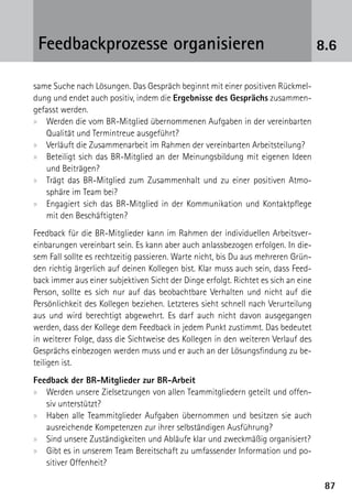 Feedbackprozesse organisieren                                                      8.6

same Suche nach Lösungen. Das Gespräch beginnt mit einer positiven Rückmel-
dung und endet auch positiv, indem die Ergebnisse des Gesprächs zusammen-
gefasst werden.
xx Werden die vom BR-Mitglied übernommenen Aufgaben in der vereinbarten
   Qualität und Termintreue ausgeführt?
xx Verläuft die Zusammenarbeit im Rahmen der vereinbarten Arbeitsteilung?
xx Beteiligt sich das BR-Mitglied an der Meinungsbildung mit eigenen Ideen
   und Beiträgen?
xx Trägt das BR-Mitglied zum Zusammenhalt und zu einer positiven Atmo-
   sphäre im Team bei?
xx Engagiert sich das BR-Mitglied in der Kommunikation und Kontaktpflege
   mit den Beschäftigten?
Feedback für die BR-Mitglieder kann im Rahmen der individuellen Arbeitsver-
einbarungen vereinbart sein. Es kann aber auch anlassbezogen erfolgen. In die-
sem Fall sollte es rechtzeitig passieren. Warte nicht, bis Du aus mehreren Grün-
den richtig ärgerlich auf deinen Kollegen bist. Klar muss auch sein, dass Feed-
back immer aus einer subjektiven Sicht der Dinge erfolgt. Richtet es sich an eine
Person, sollte es sich nur auf das beobachtbare Verhalten und nicht auf die
Persönlichkeit des Kollegen beziehen. Letzteres sieht schnell nach Verurteilung
aus und wird berechtigt abgewehrt. Es darf auch nicht davon ausgegangen
werden, dass der Kollege dem Feedback in jedem Punkt zustimmt. Das bedeutet
in weiterer Folge, dass die Sichtweise des Kollegen in den weiteren Verlauf des
Gesprächs einbezogen werden muss und er auch an der Lösungsfindung zu be-
teiligen ist.
Feedback der BR-Mitglieder zur BR-Arbeit
xx Werden unsere Zielsetzungen von allen Teammitgliedern geteilt und offen-
   siv unterstützt?
xx Haben alle Teammitglieder Aufgaben übernommen und besitzen sie auch
   ausreichende Kompetenzen zur ihrer selbständigen Ausführung?
xx Sind unsere Zuständigkeiten und Abläufe klar und zweckmäßig organisiert?
xx Gibt es in unserem Team Bereitschaft zu umfassender Information und po-
   sitiver Offenheit?

                                                                                     87
 