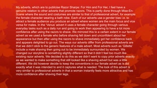 My adverts, which are to publicise Razor Sharpe: For Him and For Her, I feel have a
genuine relation to other adverts that promote razors. This is partly done through Mise-En-
Scene where the sound and costumes are similar to that of professional advert, for example
the female character wearing a bath robe. Each of our adverts use a gender bias i.e. to
attract a female audience you produce an advert where women are the main focus and vice
versa for males. In the ‘Venus’ advert it uses a female character going through various
everyday tasks such as a daily run and going to work then appearing to have a lot more
confidence after using the razors to shave. We mirrored this to a certain extent in our female
advert as we used a female who before shaving felt down and unconfident about her
appearance but then after using the razors to shave immediately got her confidence back
and appears delighted to go out. The ways our adverts differ from professional adverts are
that we didn’t stick to the generic features of a male advert. Most adverts such as ‘Gillette’
include a male shaving then going out to be immediately surrounded by women. We
changed our storyline to something slightly different so that it didn’t feel too much like
existing razor adverts. We decided to do this as we didn’t want to copy prior adverts exactly
as we wanted to make something that still looked like a shaving advert but was a little
different. We did however decide to keep the conventions in our female advert as is did
exactly what it was intended to and it captures what is needed. The look of this advert is
very similar to professional adverts in that a woman instantly feels more attractive and has
more confidence after shaving their legs.
 