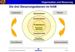 Die drei Steuerungsebenen im KAM . Evaluieren Kommunizieren Durchführen Planen Perspektive  Vertriebsleitung Systemebene Perspektive KAM Kundenebene Perspektive  Mitarbeiter Projektebene Organisation und Steuerung 