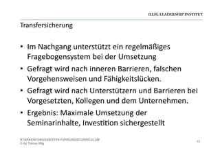 ILLIG LEADERSHIP INSTITUT
Transfersicherung	
  
•  Im	
  Nachgang	
  unterstützt	
  ein	
  regelmäßiges	
  
Fragebogensystem	
  bei	
  der	
  Umsetzung	
  
•  Gefragt	
  wird	
  nach	
  inneren	
  Barrieren,	
  falschen	
  
Vorgehensweisen	
  und	
  Fähigkeitslücken.	
  	
  
•  Gefragt	
  wird	
  nach	
  Unterstützern	
  und	
  Barrieren	
  bei	
  
Vorgesetzten,	
  Kollegen	
  und	
  dem	
  Unternehmen.	
  
•  Ergebnis:	
  Maximale	
  Umsetzung	
  der	
  
Seminarinhalte,	
  Inves--on	
  sichergestellt	
  
13
STÄRKENFOKUSSIERTES FÜHRUNGSCURRICULUM
© by Tobias Illig
 